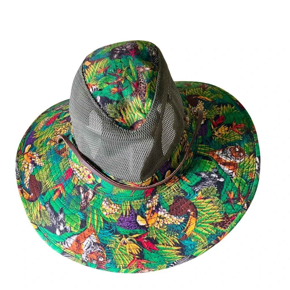 Dorfman Pacific Jungle Animal Print Safari Sun Hat Mesh Boonie Large LeatherCord